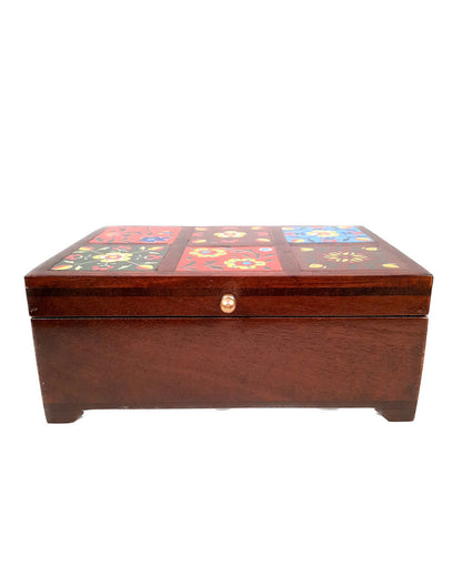 Elegant Wooden Polished Jewelry Box with Ceramic Tiles | 10 x 4 x 7 inches