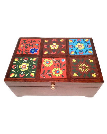 Elegant Wooden Polished Jewelry Box with Ceramic Tiles | 10 x 4 x 7 inches