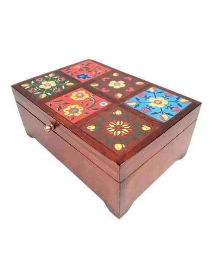 Elegant Wooden Polished Jewelry Box with Ceramic Tiles | 10 x 4 x 7 inches