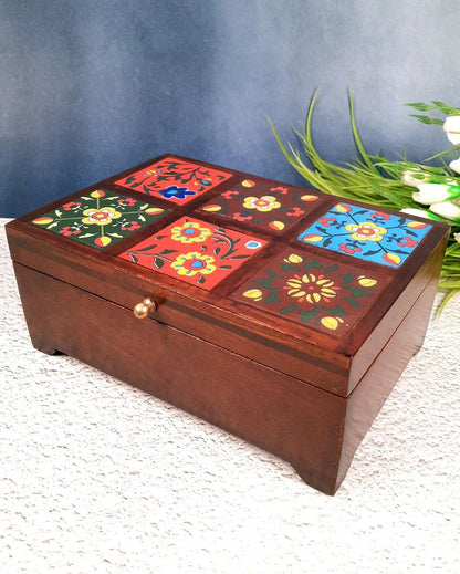 Elegant Wooden Polished Jewelry Box with Ceramic Tiles | 10 x 4 x 7 inches