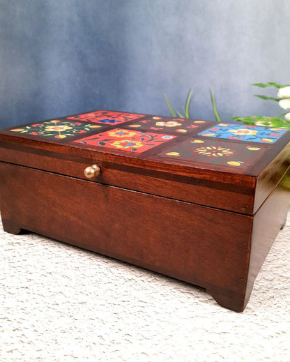 Elegant Wooden Polished Jewelry Box with Ceramic Tiles | 10 x 4 x 7 inches