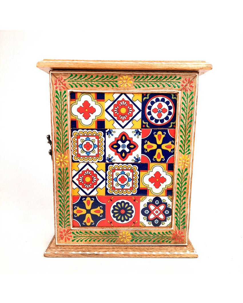 Decorative Wood Polished Key Holder Box with Ceramic Tiles | 9 x 3 x 11 inches