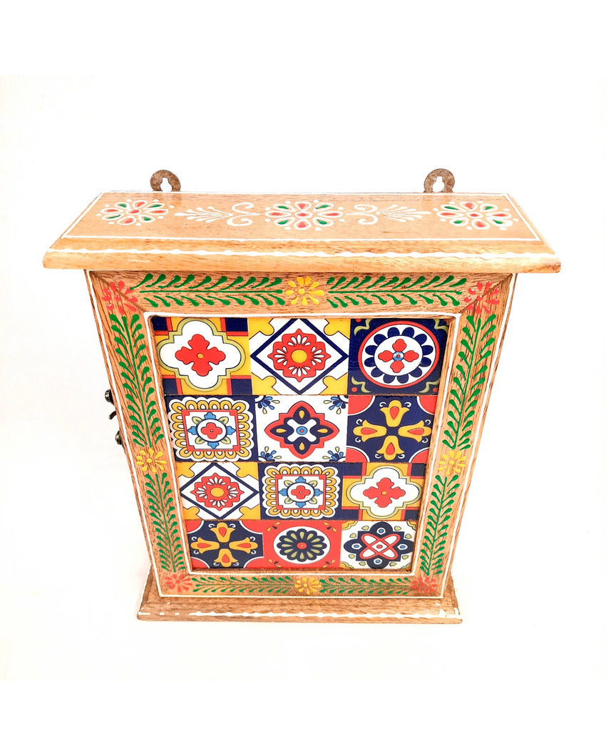 Decorative Wood Polished Key Holder Box with Ceramic Tiles | 9 x 3 x 11 inches