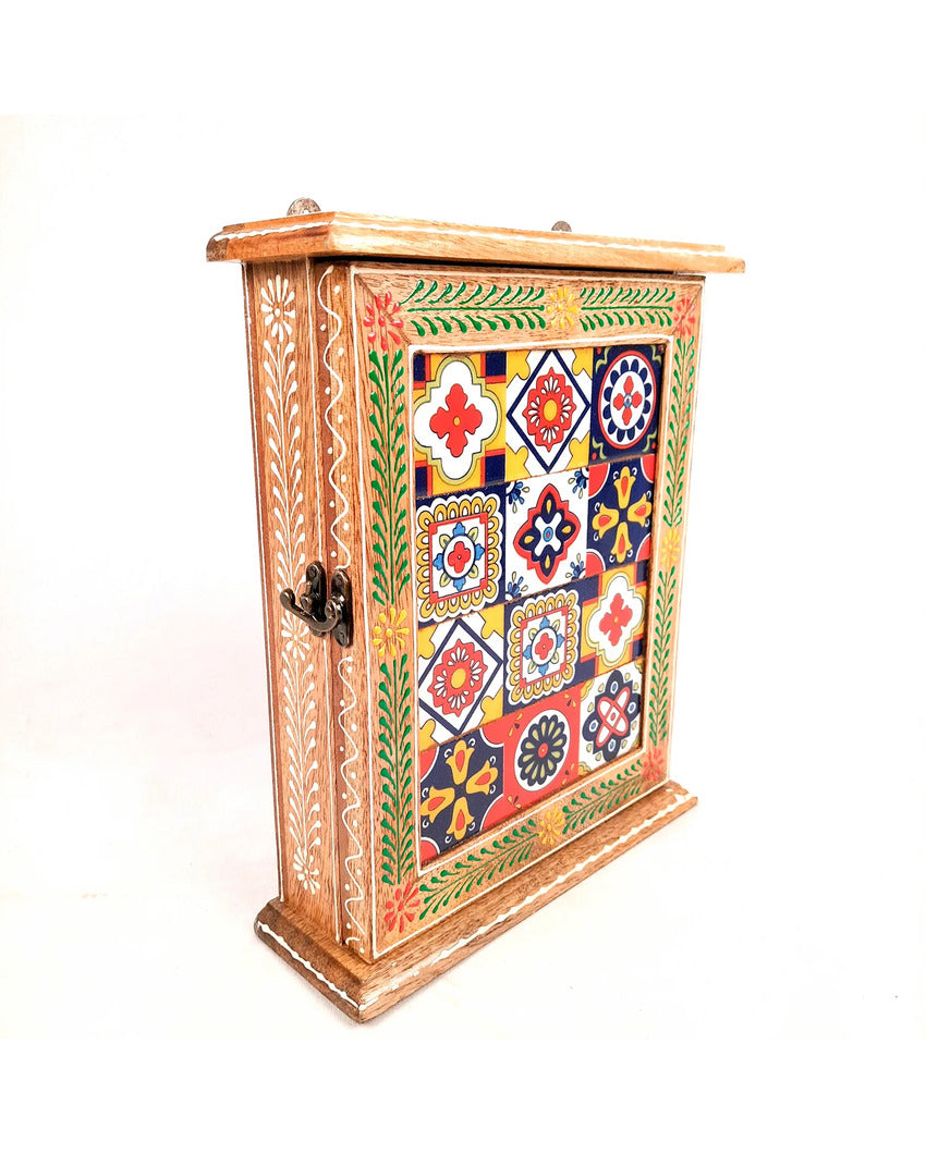 Decorative Wood Polished Key Holder Box with Ceramic Tiles | 9 x 3 x 11 inches