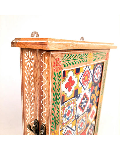 Decorative Wood Polished Key Holder Box with Ceramic Tiles | 9 x 3 x 11 inches