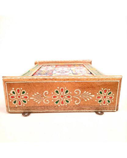 Decorative Wood Polished Key Holder Box with Ceramic Tiles | 9 x 3 x 11 inches