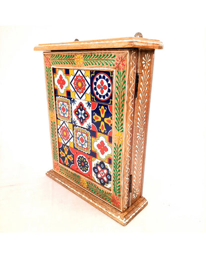 Decorative Wood Polished Key Holder Box with Ceramic Tiles | 9 x 3 x 11 inches