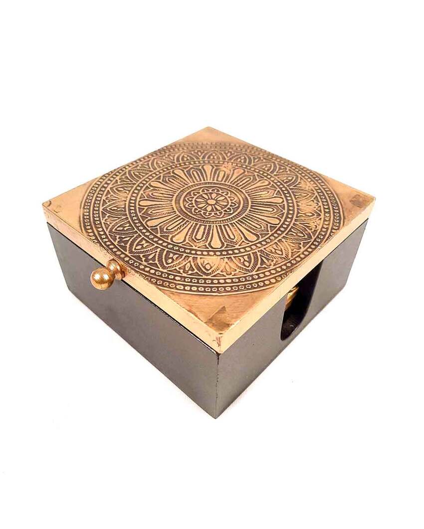 Elegant Brass and Wood Polished Tea Coasters with Box | Set of 4 | 5 x 2 inches