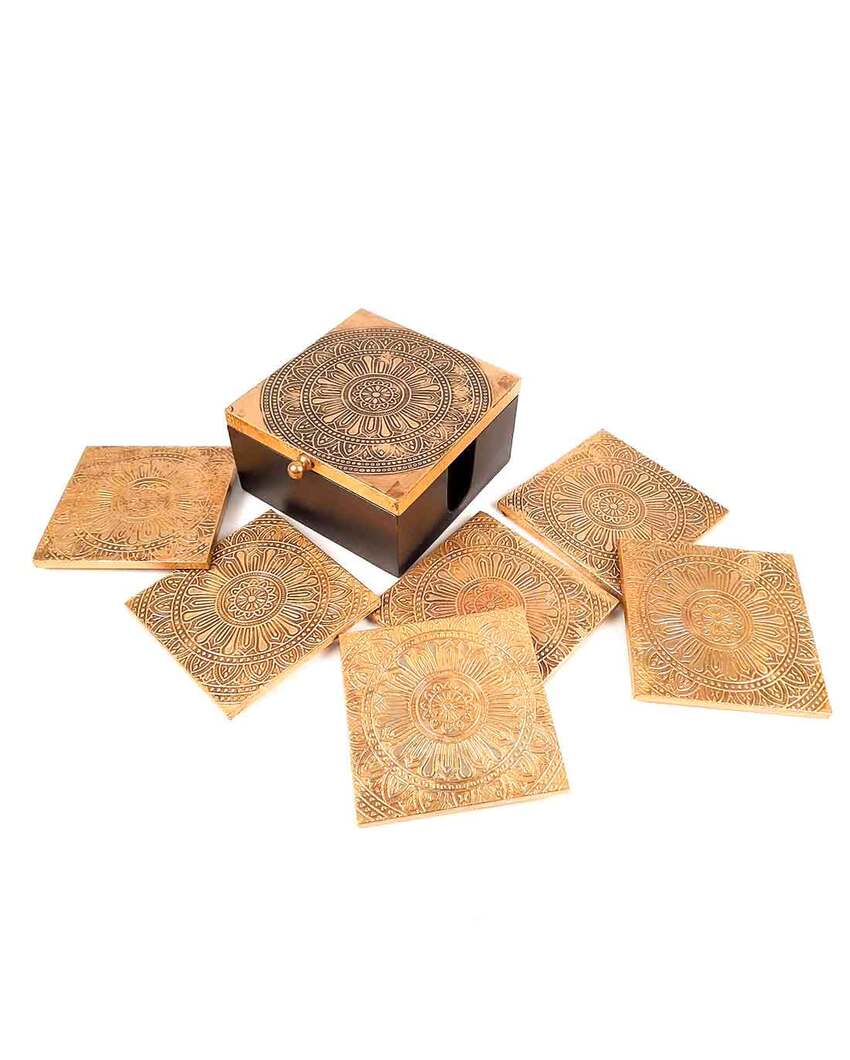 Elegant Brass and Wood Polished Tea Coasters with Box | Set of 4 | 5 x 2 inches