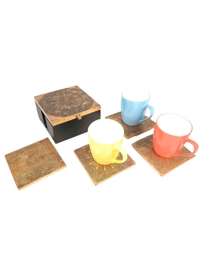 Elegant Brass and Wood Polished Tea Coasters with Box | Set of 4 | 5 x 2 inches