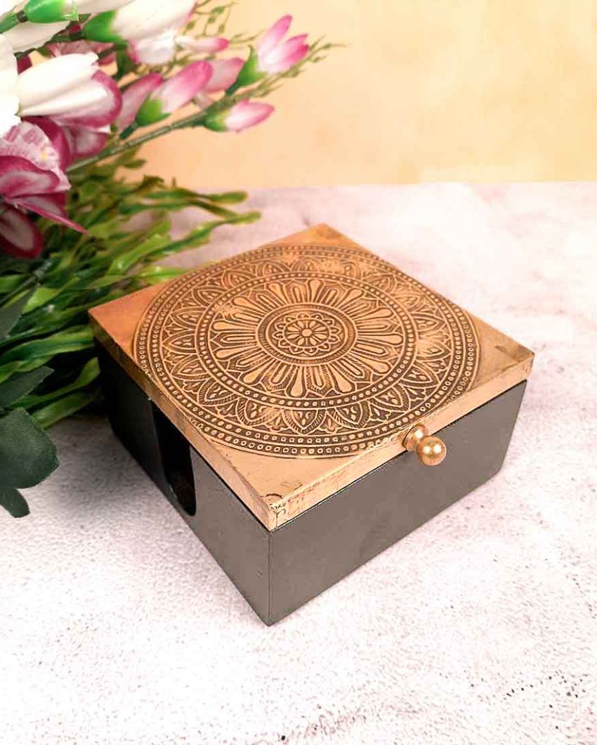 Elegant Brass and Wood Polished Tea Coasters with Box | Set of 4 | 5 x 2 inches