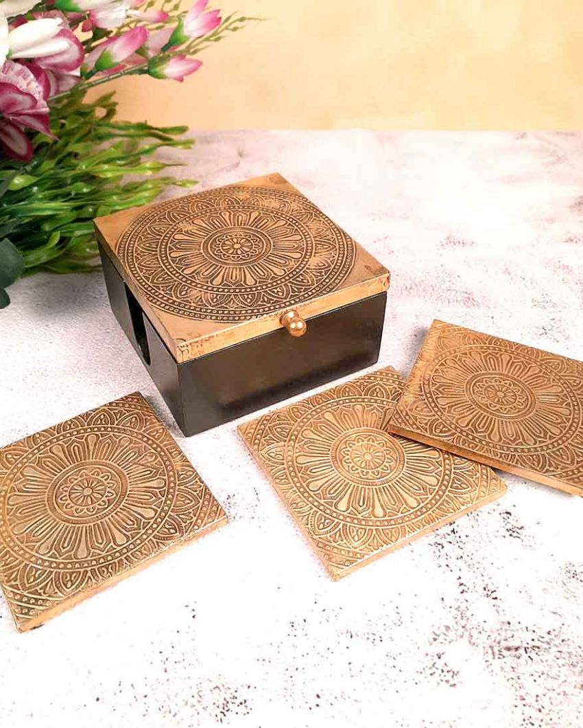 Elegant Brass and Wood Polished Tea Coasters with Box | Set of 4 | 5 x 2 inches