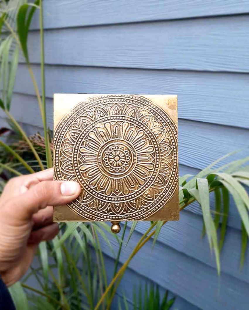 Elegant Brass and Wood Polished Tea Coasters with Box | Set of 4 | 5 x 2 inches