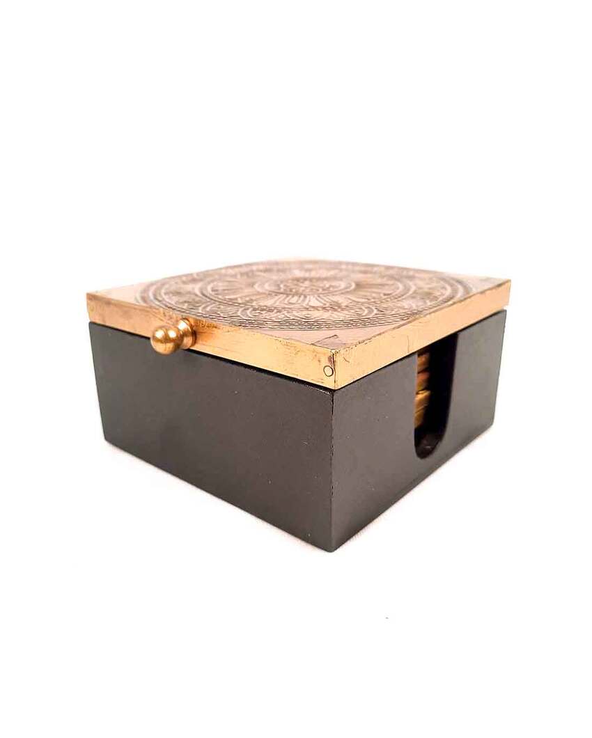 Elegant Brass and Wood Polished Tea Coasters with Box | Set of 4 | 5 x 2 inches