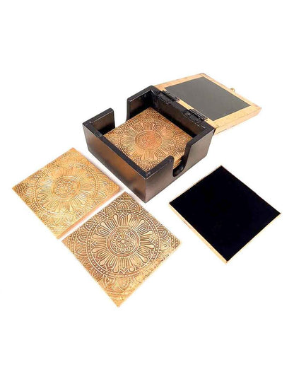 Elegant Brass and Wood Polished Tea Coasters with Box | Set of 4 | 5 x 2 inches