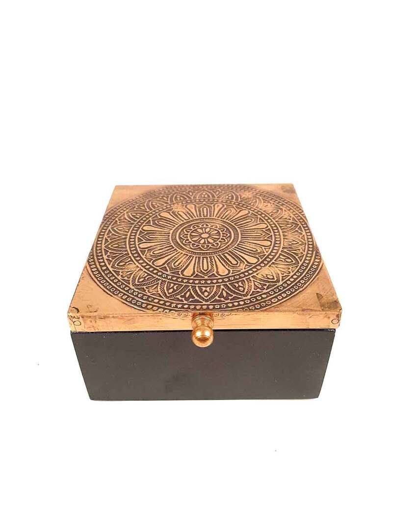 Elegant Brass and Wood Polished Tea Coasters with Box | Set of 4 | 5 x 2 inches