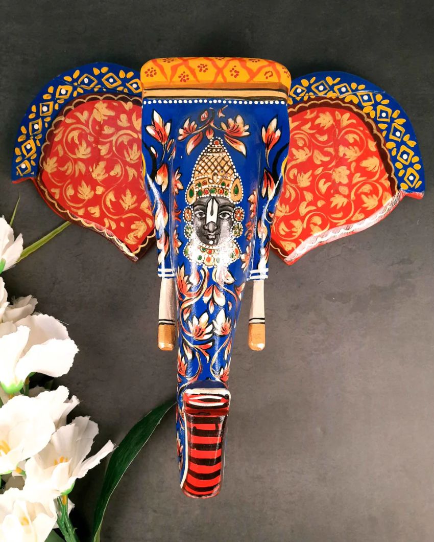 Stylish Wood Elephant Head Wall Hanging with Balaji Face | 14 x 4 inches