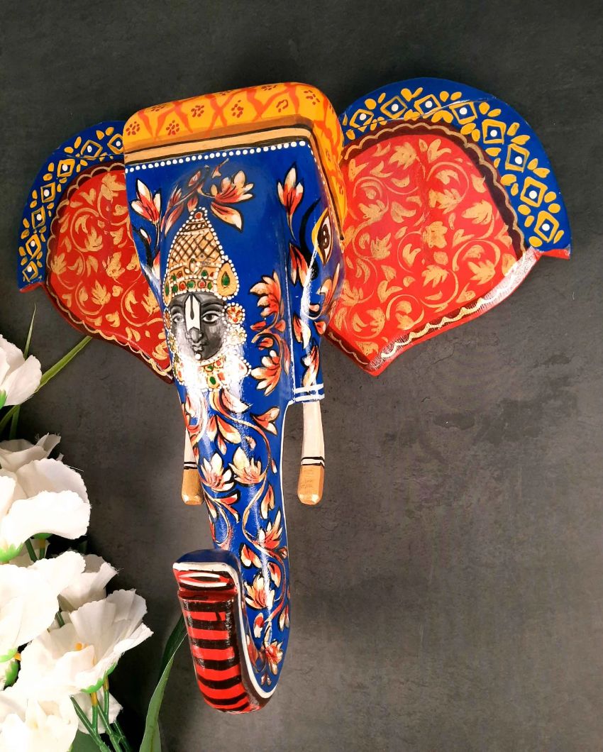 Stylish Wood Elephant Head Wall Hanging with Balaji Face | 14 x 4 inches