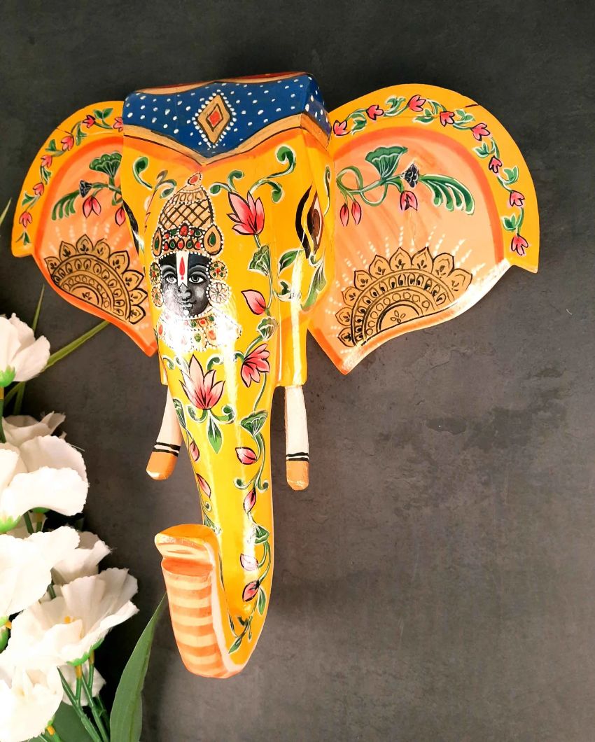 Decorative Wood Elephant Head Wall Hanging with Balaji Face | 14 x 4 inches