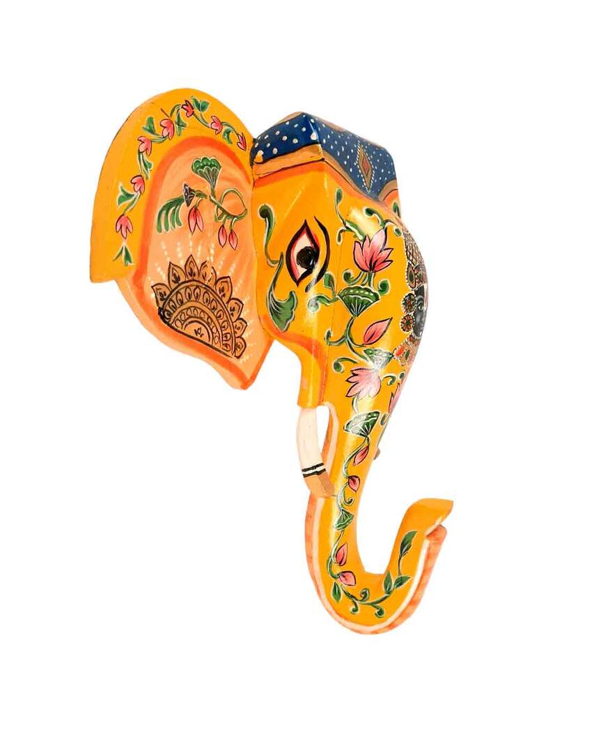 Decorative Wood Elephant Head Wall Hanging with Balaji Face | 14 x 4 inches