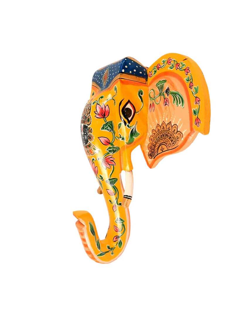 Decorative Wood Elephant Head Wall Hanging with Balaji Face | 14 x 4 inches