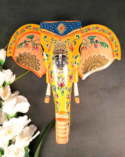 Decorative Wood Elephant Head Wall Hanging with Balaji Face | 14 x 4 inches