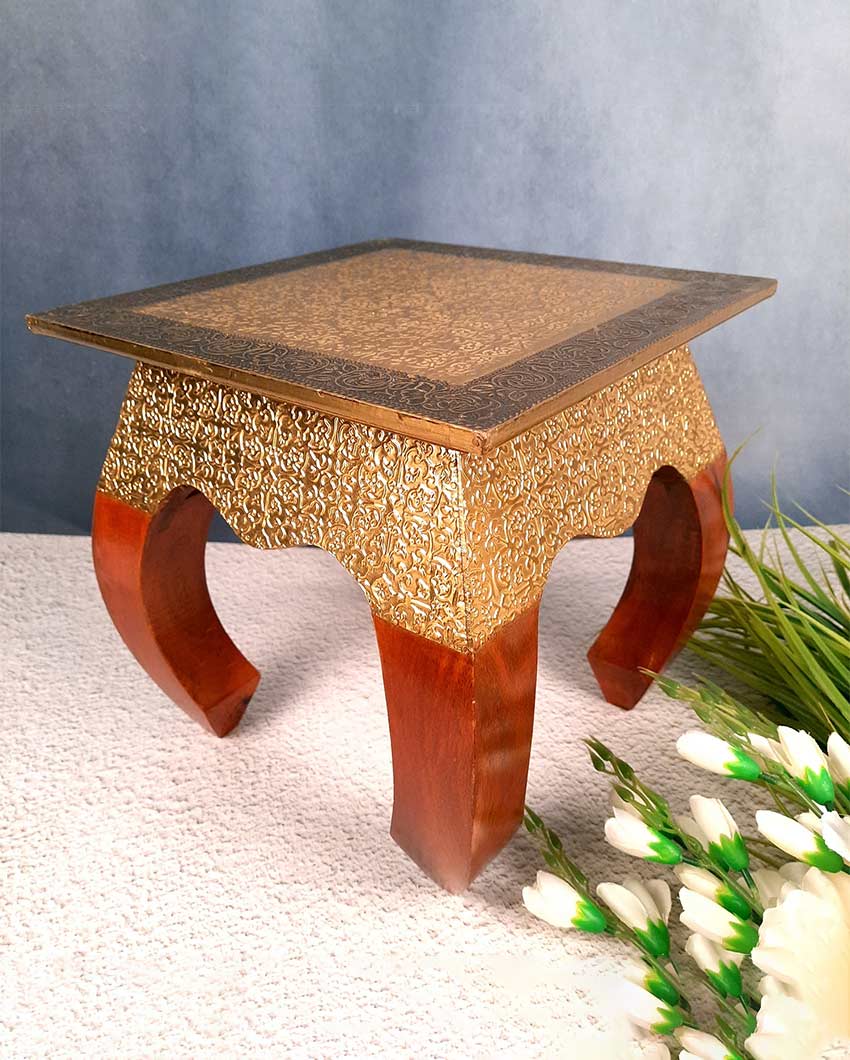 Classic Wood and Brass Polished Side Stool Tables | 12 x 12 inches