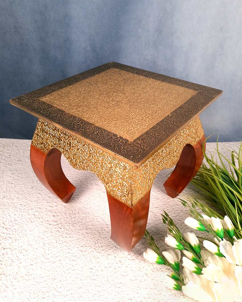 Classic Wood and Brass Polished Side Stool Tables | 12 x 12 inches