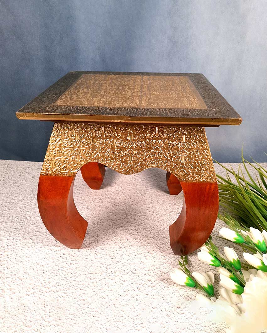 Classic Wood and Brass Polished Side Stool Tables | 12 x 12 inches