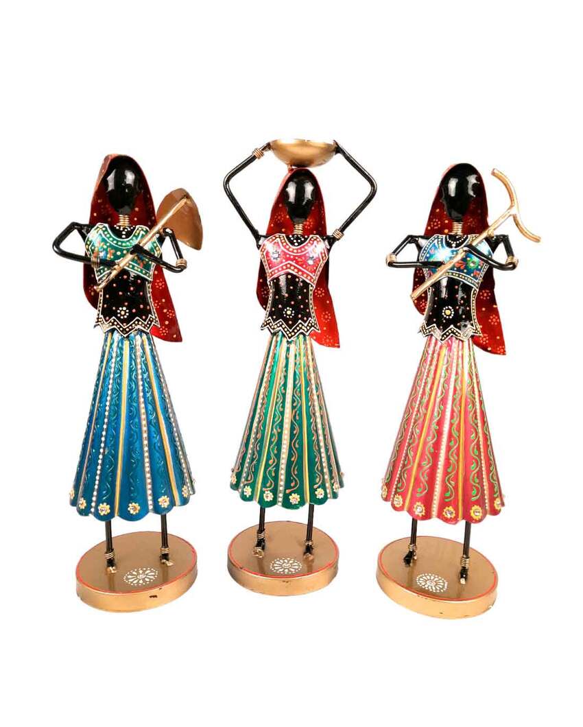 Unique Iron Polished Narega Lady Showpieces | Set of 3 | 12 x 4 x 15 inches