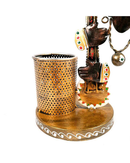 Artistic Iron Polished Pen Holder with Krishna Design | 7 x 6 x 11 inches