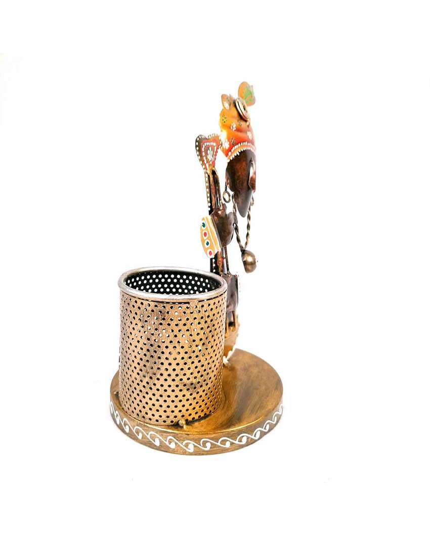 Artistic Iron Polished Pen Holder with Krishna Design | 7 x 6 x 11 inches