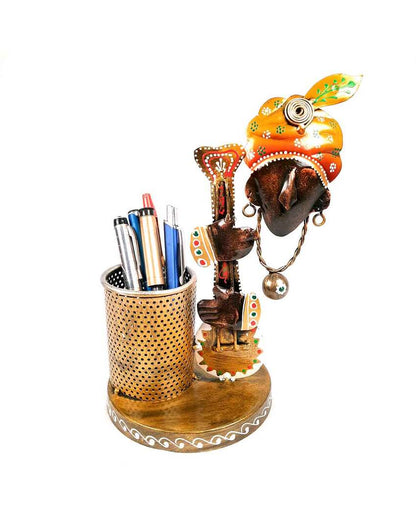 Artistic Iron Polished Pen Holder with Krishna Design | 7 x 6 x 11 inches