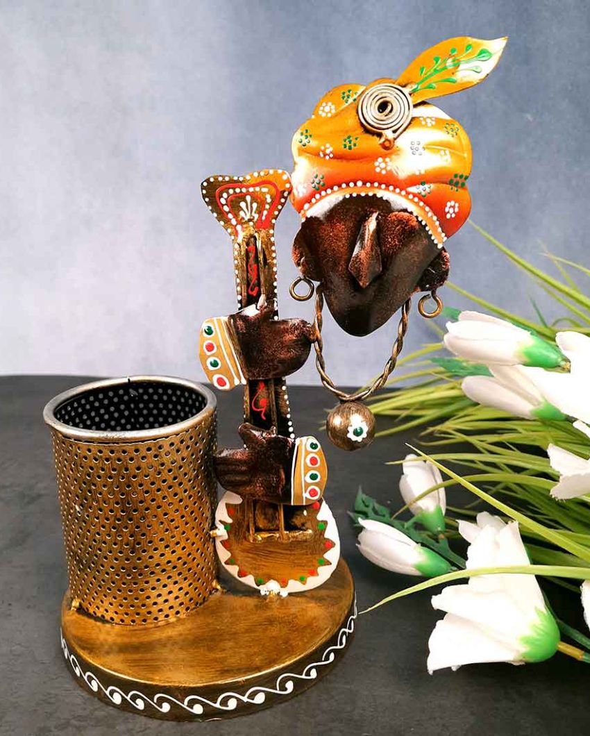 Artistic Iron Polished Pen Holder with Krishna Design | 7 x 6 x 11 inches