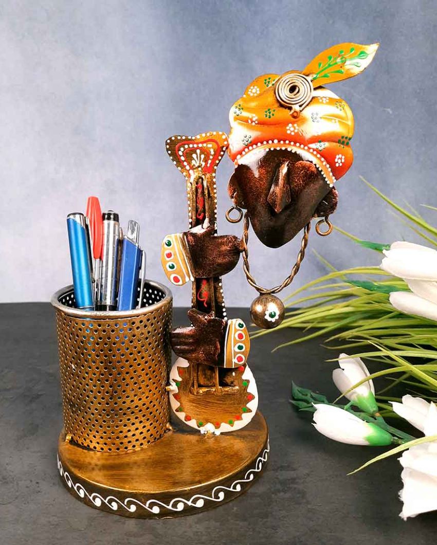 Artistic Iron Polished Pen Holder with Krishna Design | 7 x 6 x 11 inches