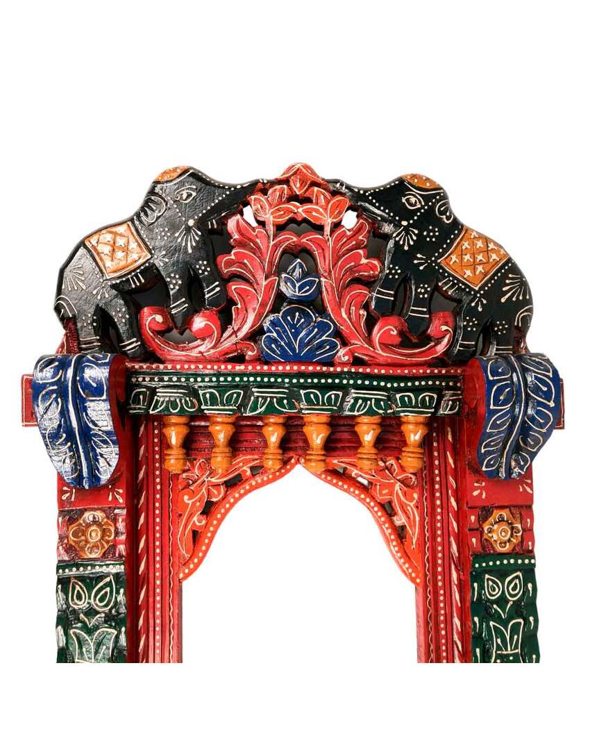 Beautiful Wood Polished Wooden Jharokha with Elephant Design Wall Hanging | 20 x 5 x 22 inches