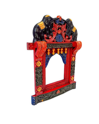 Beautiful Wood Polished Wooden Jharokha with Elephant Design Wall Hanging | 20 x 5 x 22 inches