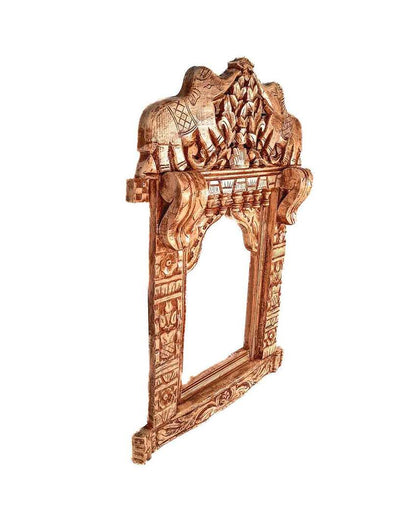 Decorative Wood Polished Jharokha with Elephant Design Wall Hanging