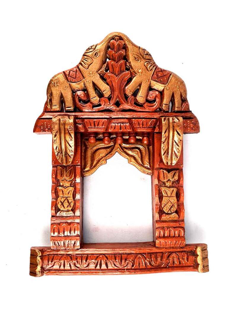 Classic Wood Polished Jharokha with Elephant Design Wall Hanging