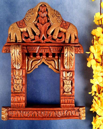 Classic Wood Polished Jharokha with Elephant Design Wall Hanging