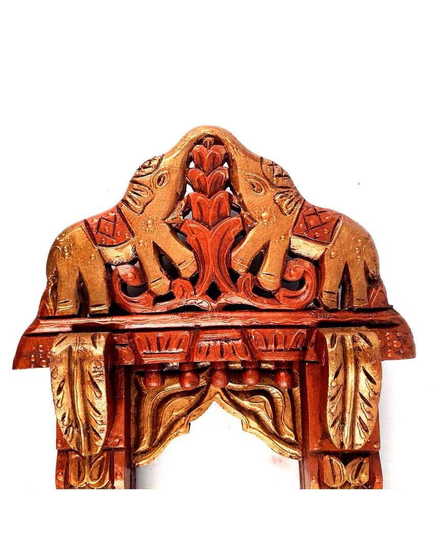 Classic Wood Polished Jharokha with Elephant Design Wall Hanging