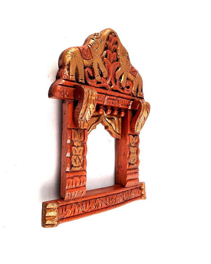 Classic Wood Polished Jharokha with Elephant Design Wall Hanging