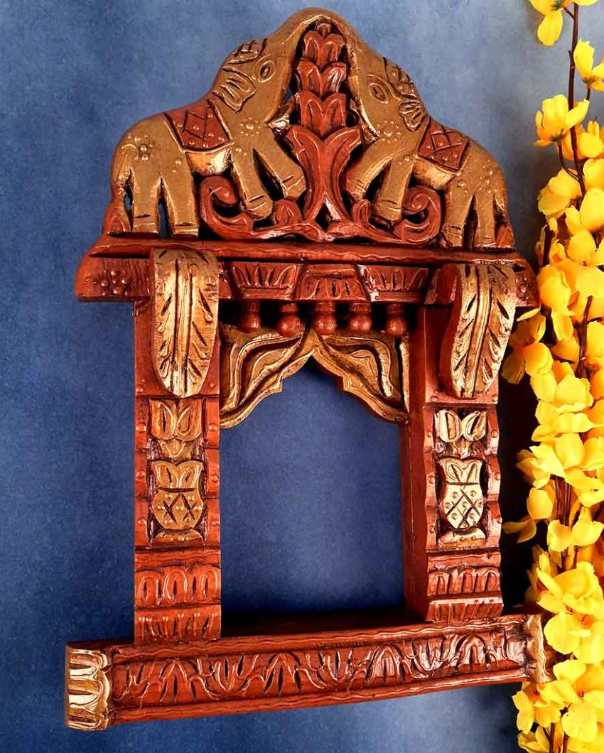 Classic Wood Polished Jharokha with Elephant Design Wall Hanging