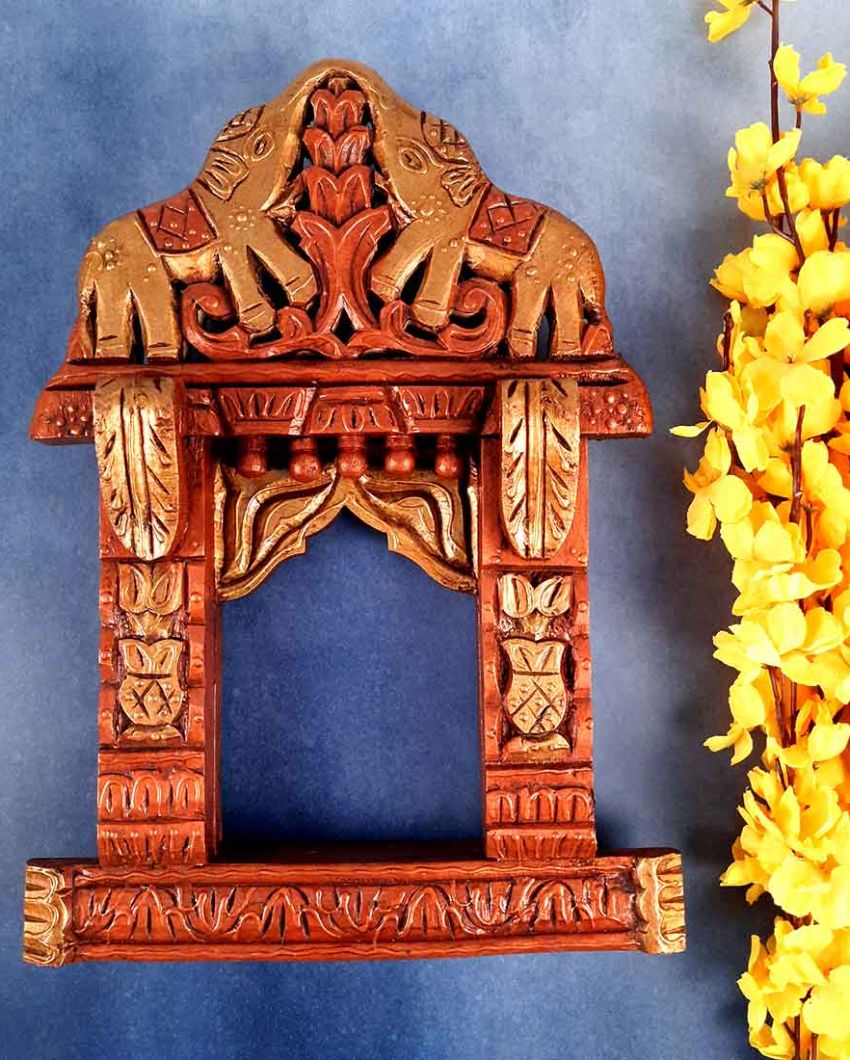 Classic Wood Polished Jharokha with Elephant Design Wall Hanging