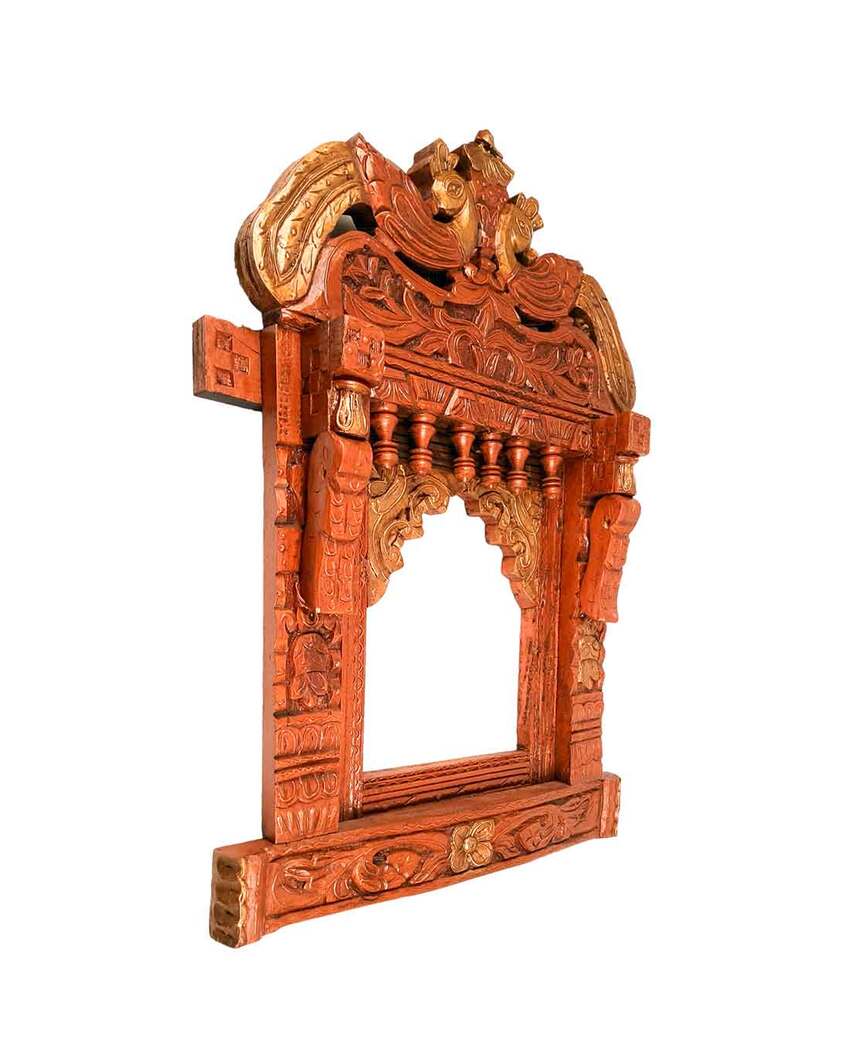 Beautiful Wood Polished Wooden Jharokha with Peacock Design Wall Hanging