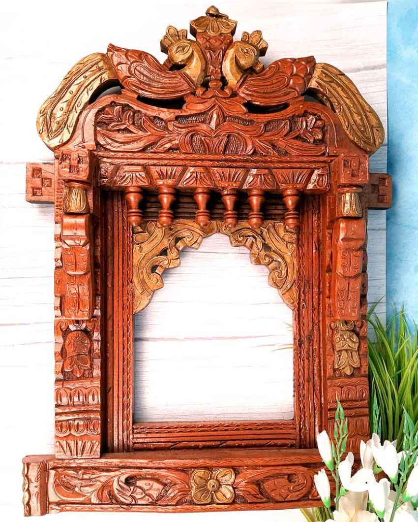 Beautiful Wood Polished Wooden Jharokha with Peacock Design Wall Hanging