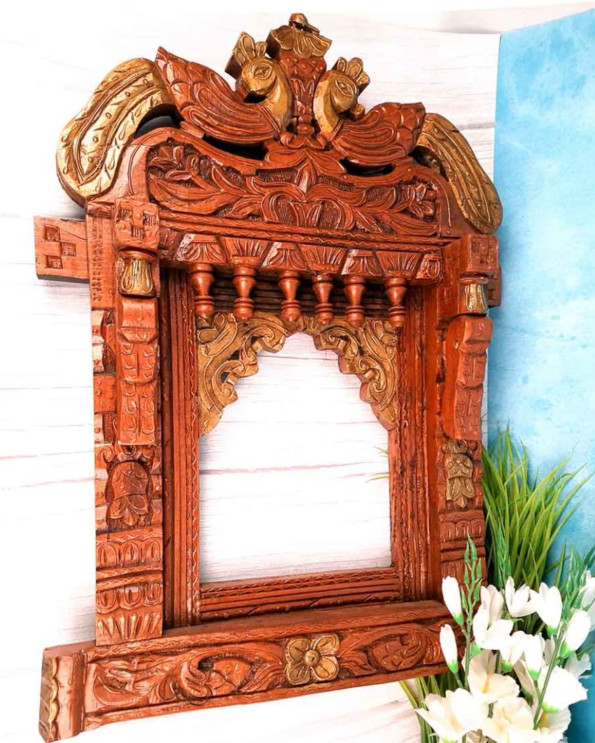 Beautiful Wood Polished Wooden Jharokha with Peacock Design Wall Hanging