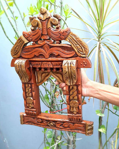 Beautiful Wood Polished Wooden Jharokha with Peacock Design Wall Hanging