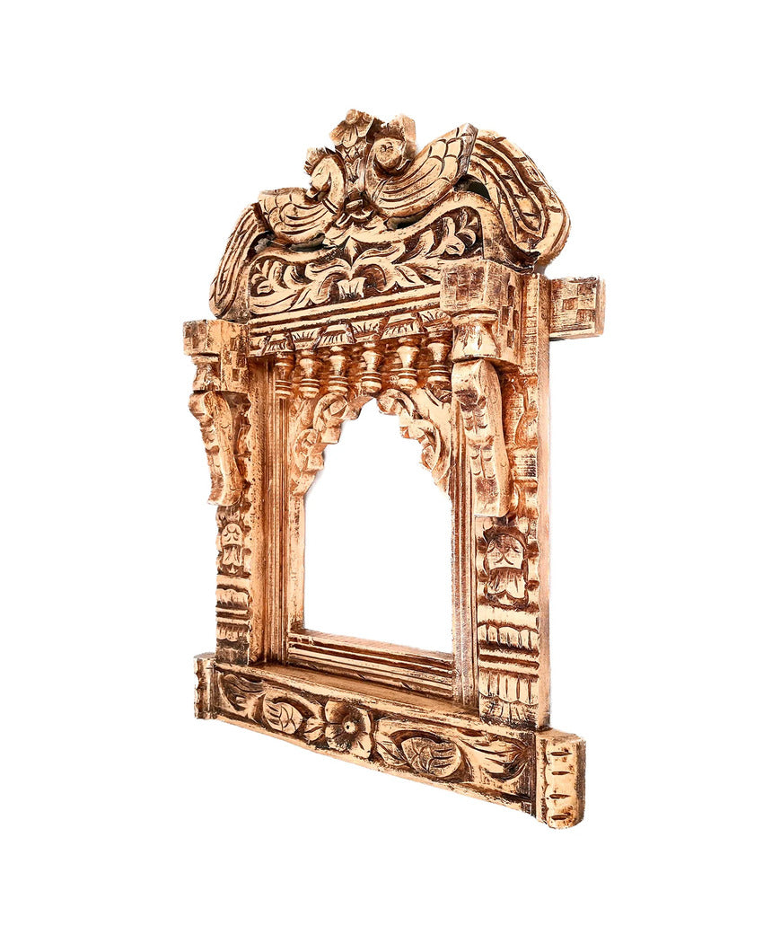 Stylish Wood Polished Jharokha with Peacock Design Wall Hanging