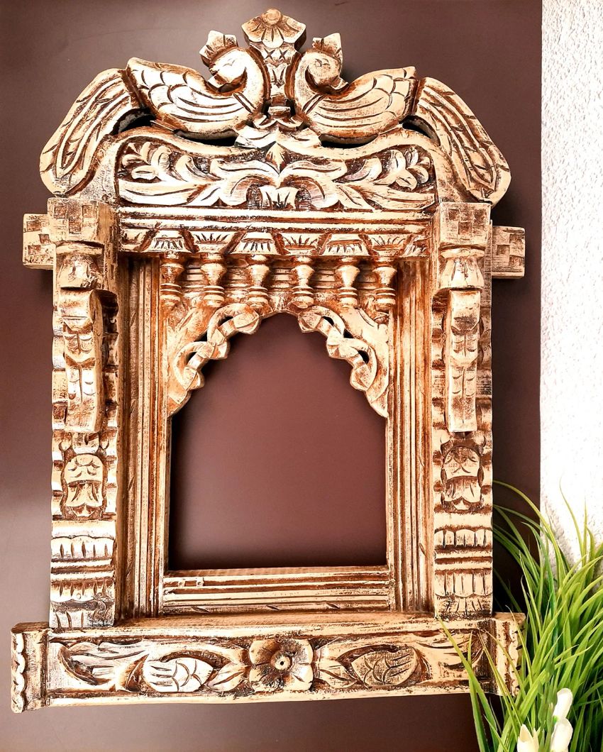 Stylish Wood Polished Jharokha with Peacock Design Wall Hanging